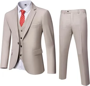 MrSure Mens 3 Piece Suit Blazer, Slim Fit Tux with One Button, Jacket Vest Pants & Tie Set for Party, Wedding and Business