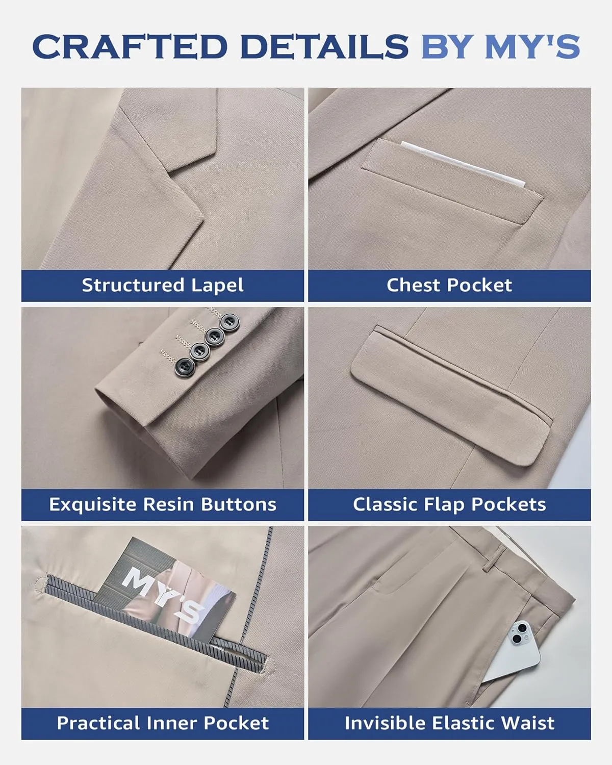 MY'S Men's 3 Piece Slim Fit Suit Set, Two Button Blazer Jacket Vest Pants with Tie, Solid Wedding Dress Tux and Trousers