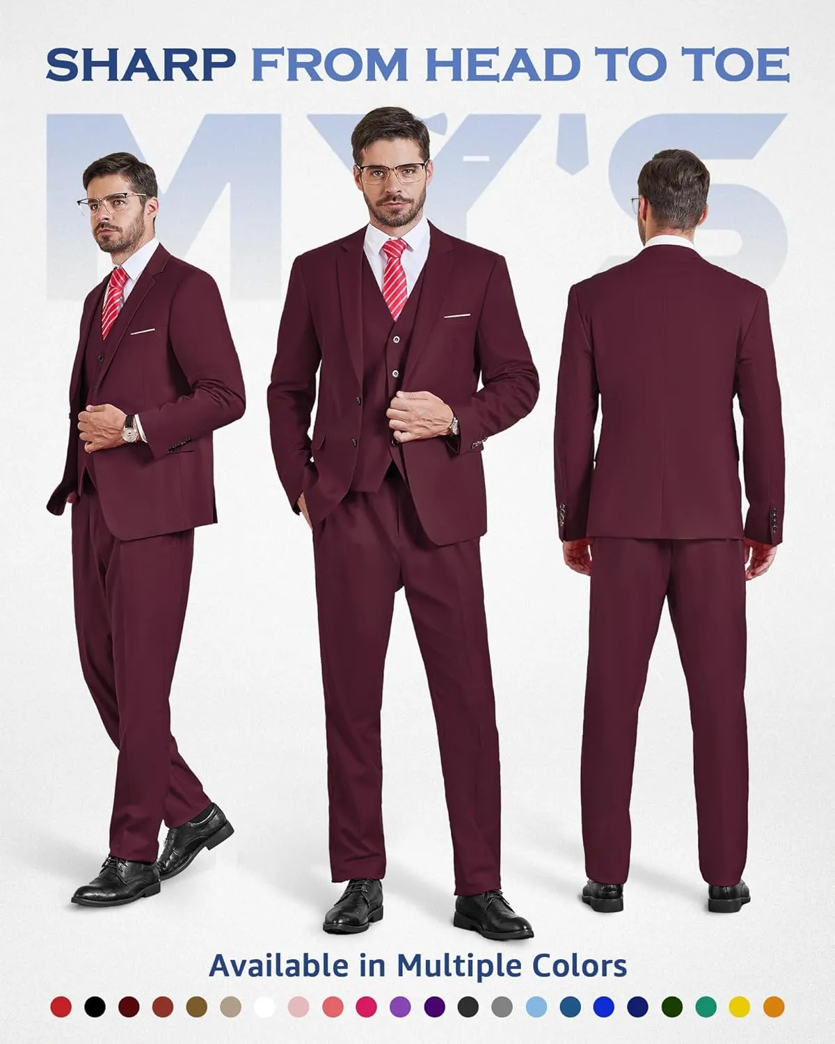 MY'S Men's 3 Piece Slim Fit Suit Set, Two Button Blazer Jacket Vest Pants with Tie, Solid Wedding Dress Tux and Trousers
