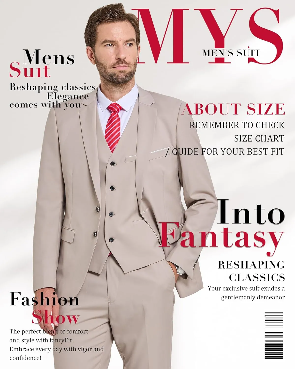 MY'S Men's 3 Piece Slim Fit Suit Set, Two Button Blazer Jacket Vest Pants with Tie, Solid Wedding Dress Tux and Trousers