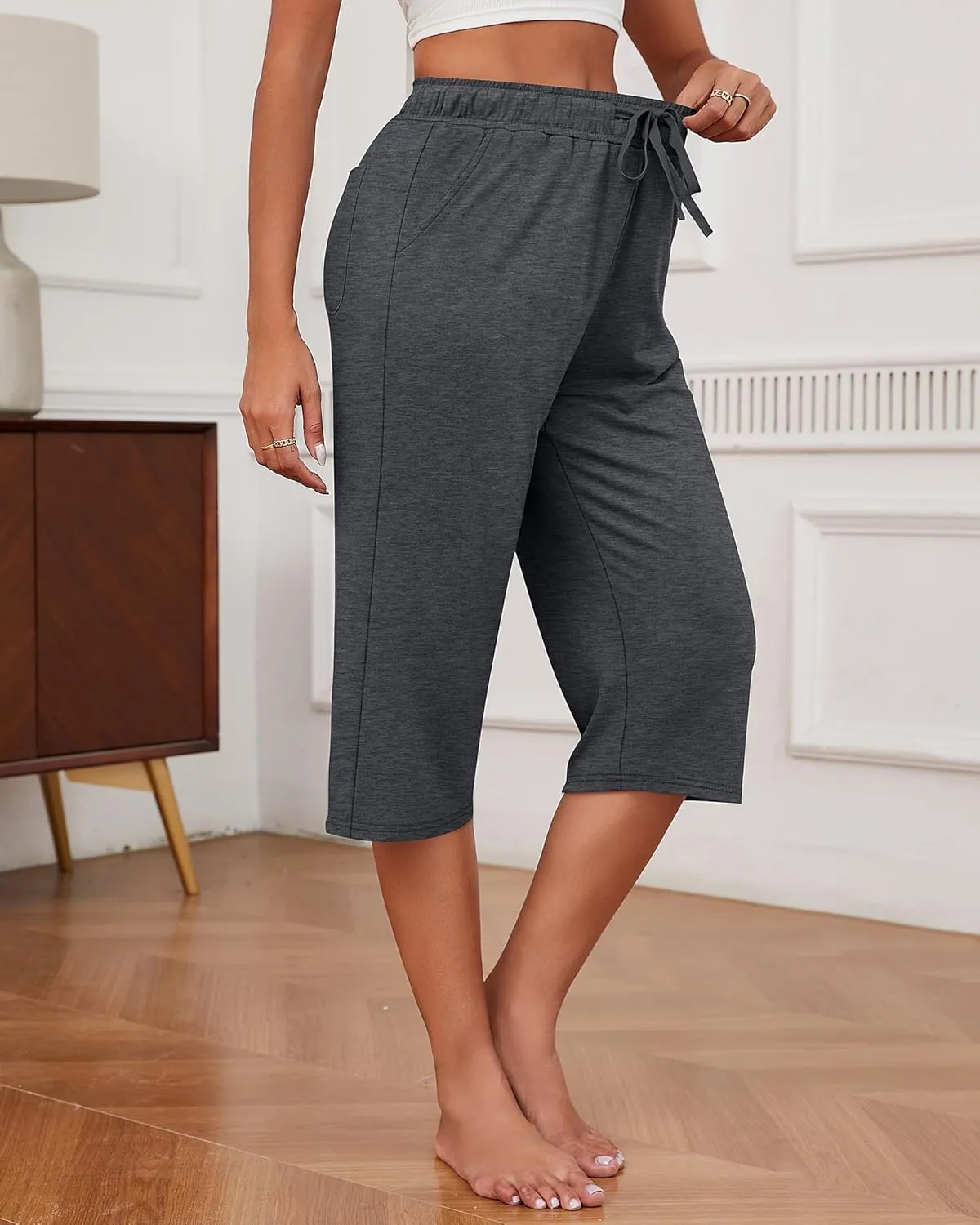 Neer 3 Pack Women's Capri Pants, Cotton Wide Leg Basic Sweatpants Lounge Loose Fit Casual Drawstring Yoga Capris with Pockets