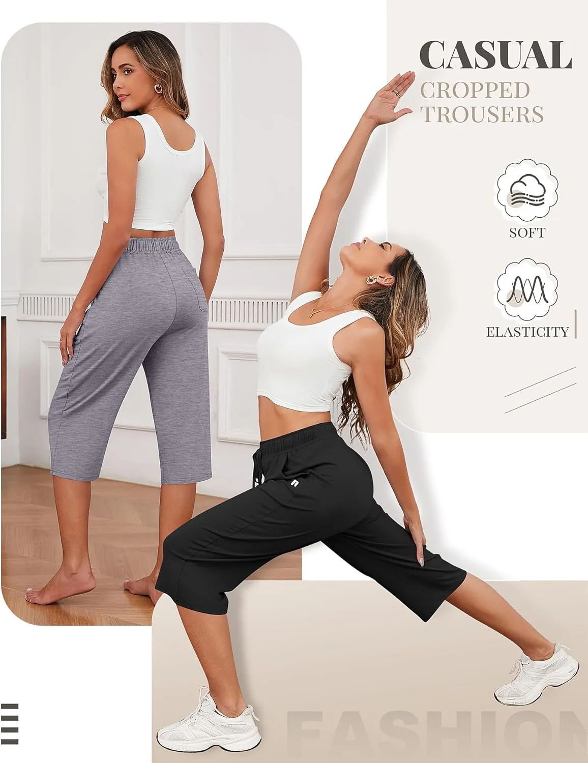 Neer 3 Pack Women's Capri Pants, Cotton Wide Leg Basic Sweatpants Lounge Loose Fit Casual Drawstring Yoga Capris with Pockets