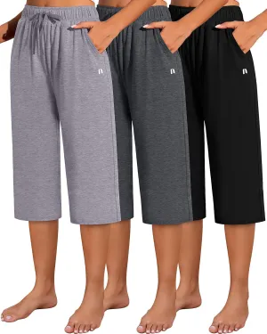Neer 3 Pack Women's Capri Pants, Cotton Wide Leg Basic Sweatpants Lounge Loose Fit Casual Drawstring Yoga Capris with Pockets