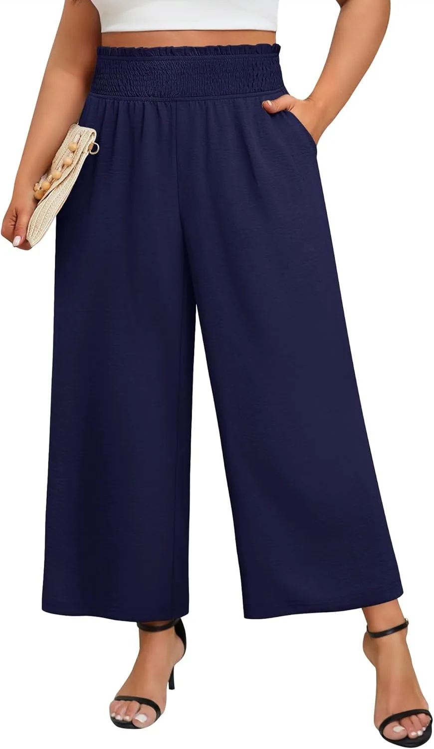Neer Women's Plus Size Wide Leg Pants, Summer Stretchy Lounge Pants with Pockets Pull On Elastic Flowy Palazzo Trousers