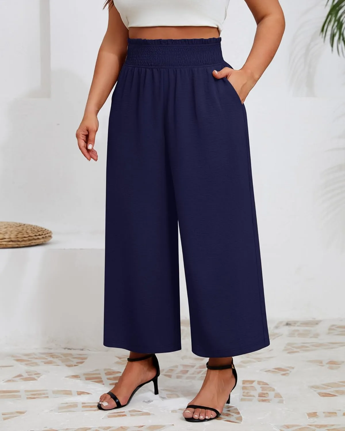 Neer Women's Plus Size Wide Leg Pants, Summer Stretchy Lounge Pants with Pockets Pull On Elastic Flowy Palazzo Trousers