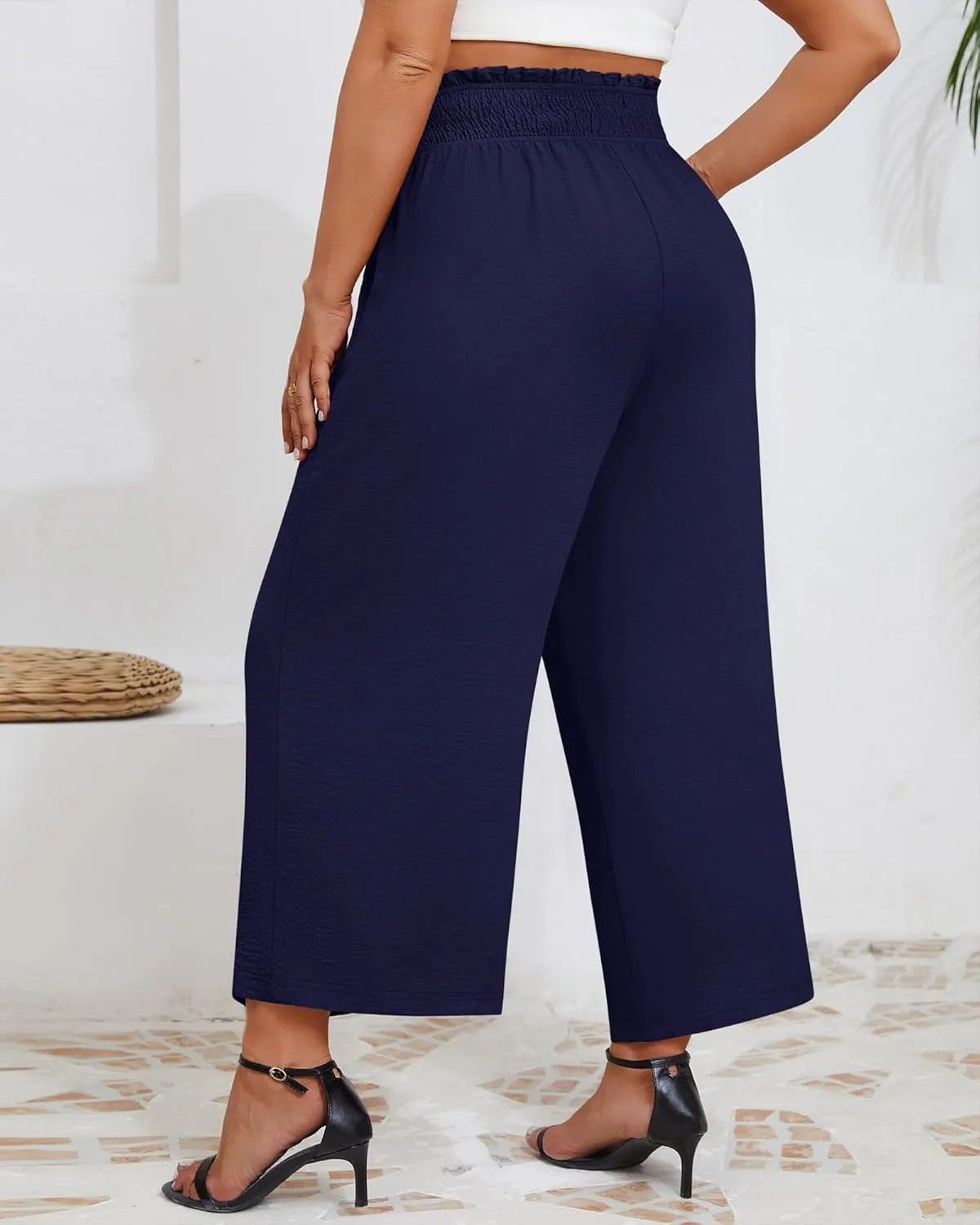 Neer Women's Plus Size Wide Leg Pants, Summer Stretchy Lounge Pants with Pockets Pull On Elastic Flowy Palazzo Trousers