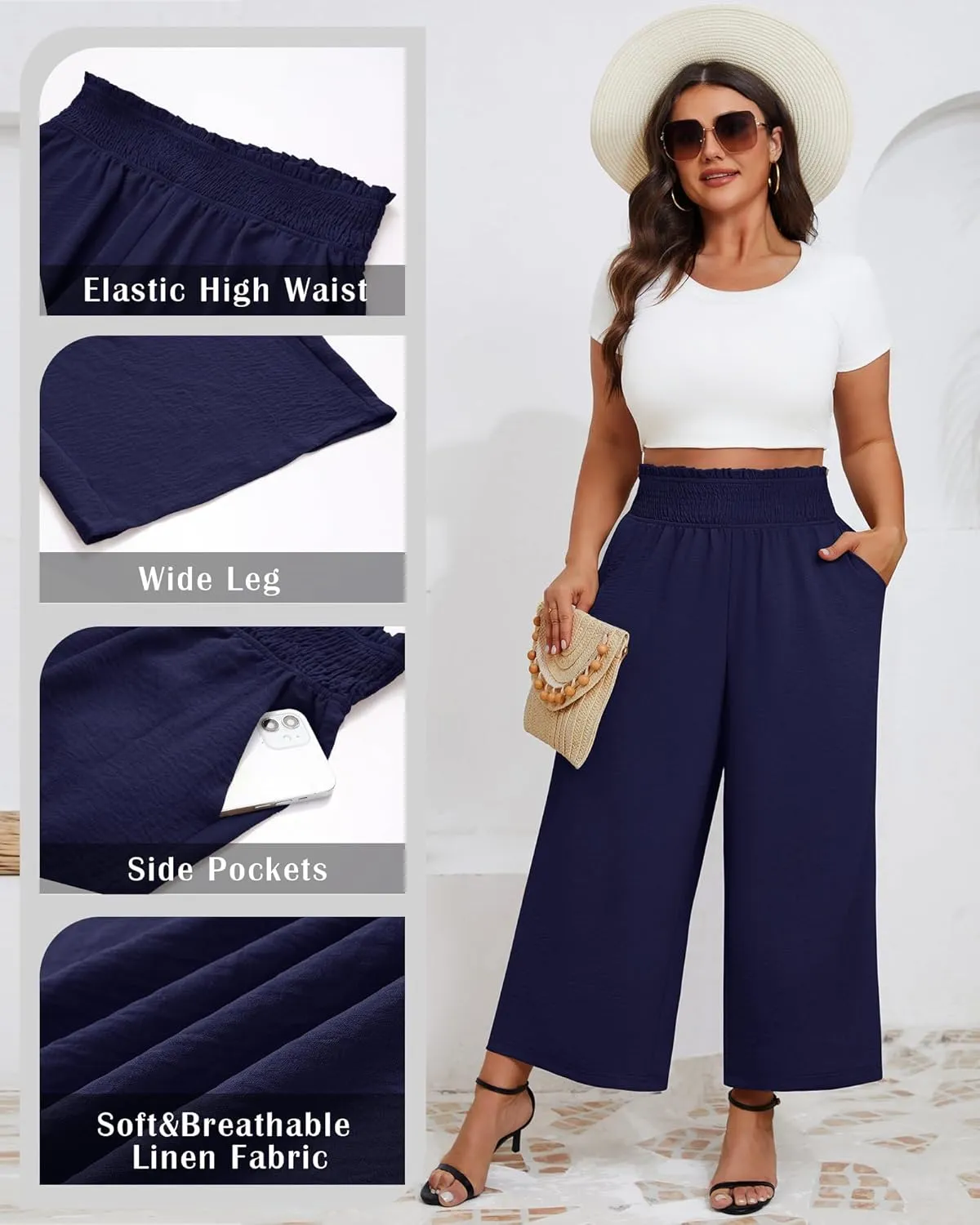 Neer Women's Plus Size Wide Leg Pants, Summer Stretchy Lounge Pants with Pockets Pull On Elastic Flowy Palazzo Trousers