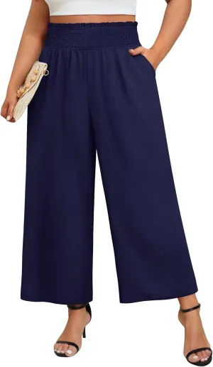 Neer Women's Plus Size Wide Leg Pants, Summer Stretchy Lounge Pants with Pockets Pull On Elastic Flowy Palazzo Trousers
