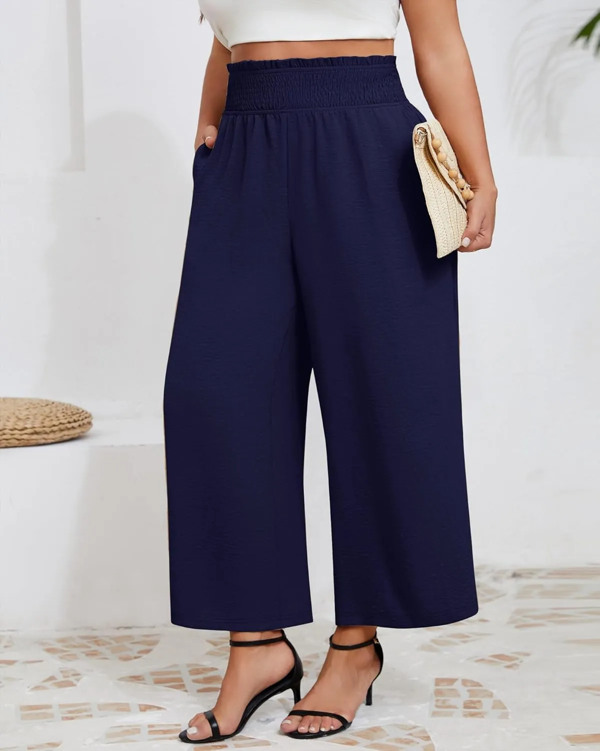 Neer Women's Plus Size Wide Leg Pants, Summer Stretchy Lounge Pants with Pockets Pull On Elastic Flowy Palazzo Trousers