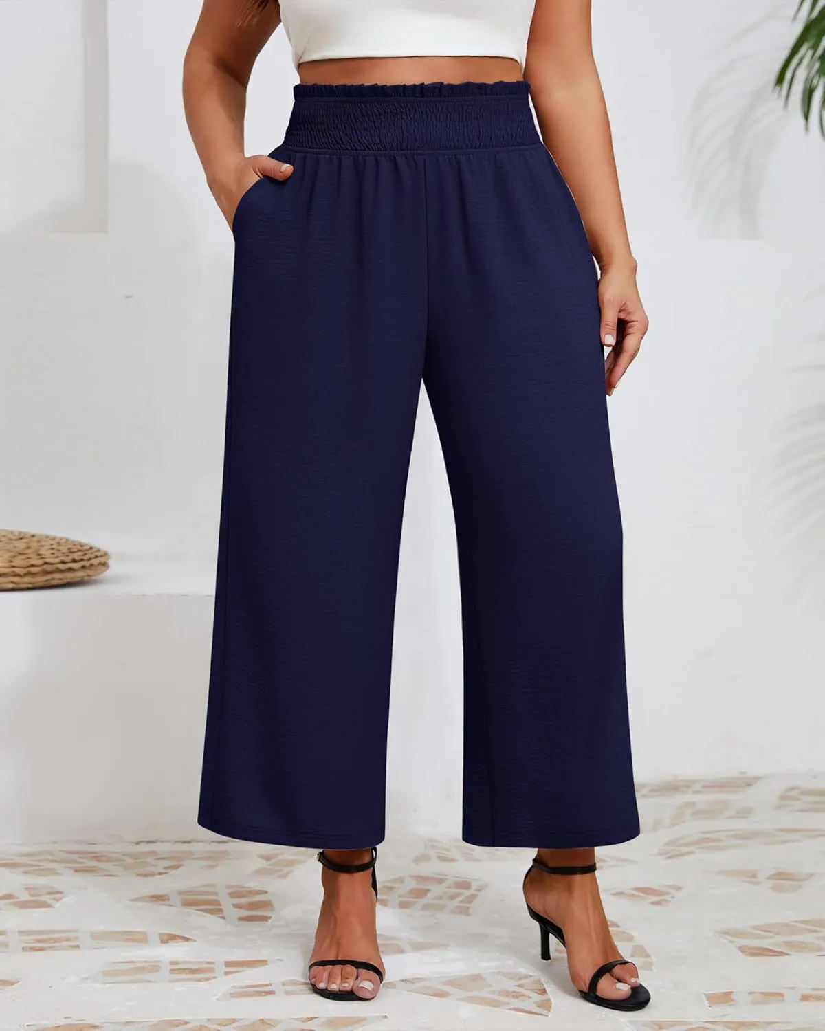 Neer Women's Plus Size Wide Leg Pants, Summer Stretchy Lounge Pants with Pockets Pull On Elastic Flowy Palazzo Trousers