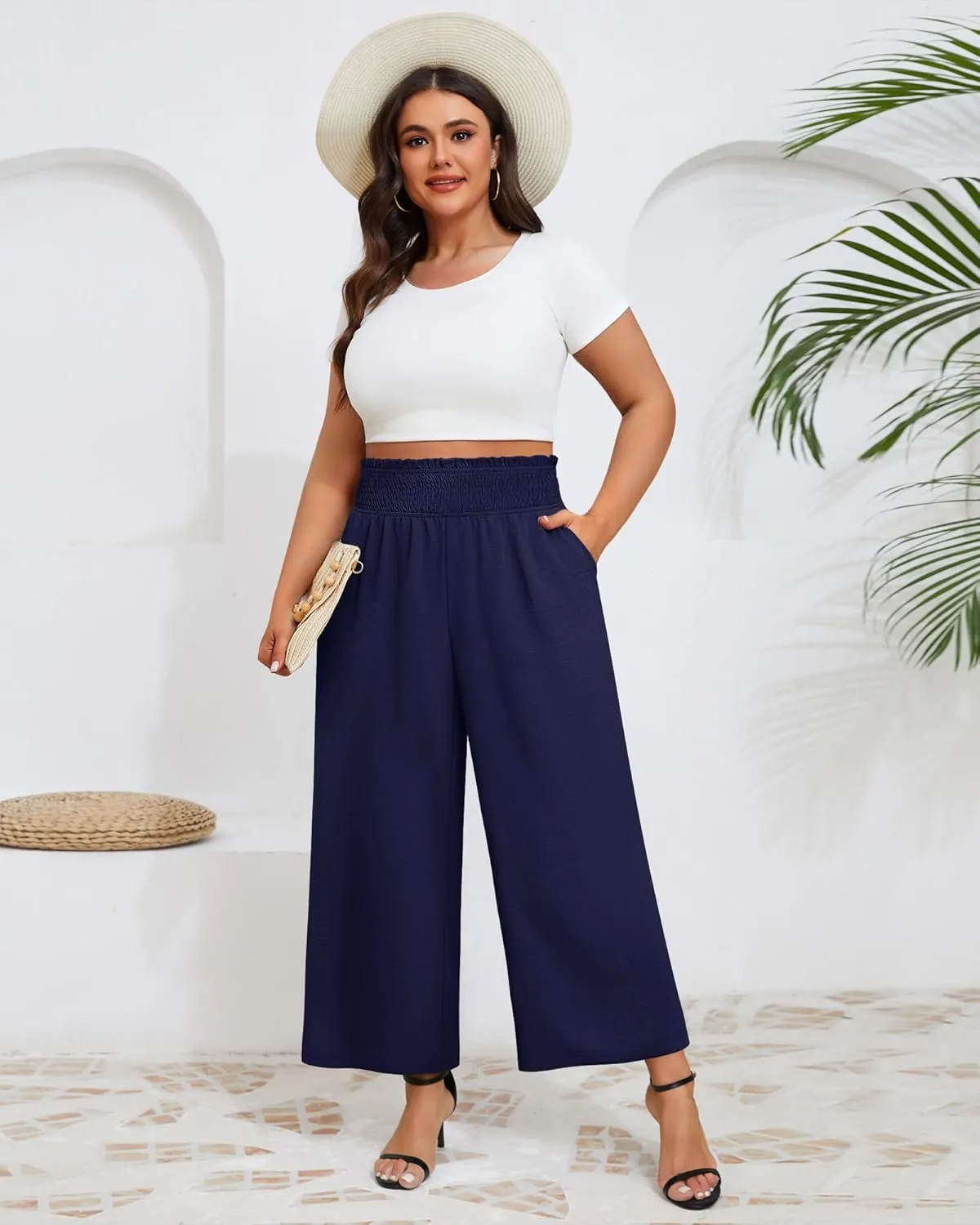 Neer Women's Plus Size Wide Leg Pants, Summer Stretchy Lounge Pants with Pockets Pull On Elastic Flowy Palazzo Trousers