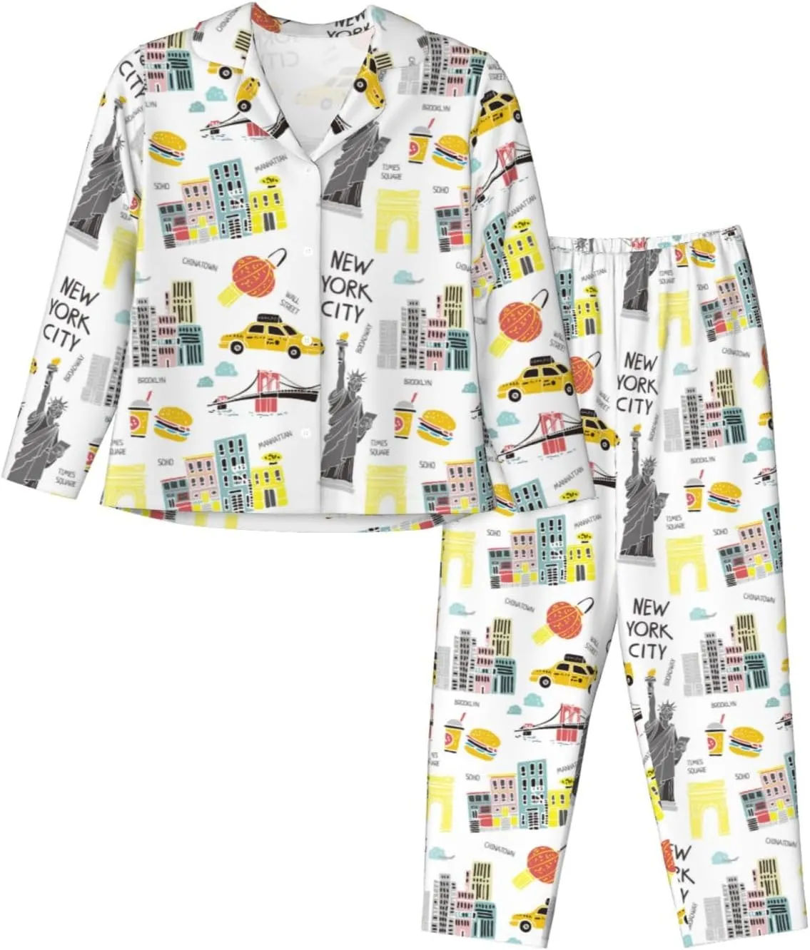 New York Pattern Womens Pajamas Set Button Down 2 Piece Pjs Long Sleeve Sleepwear