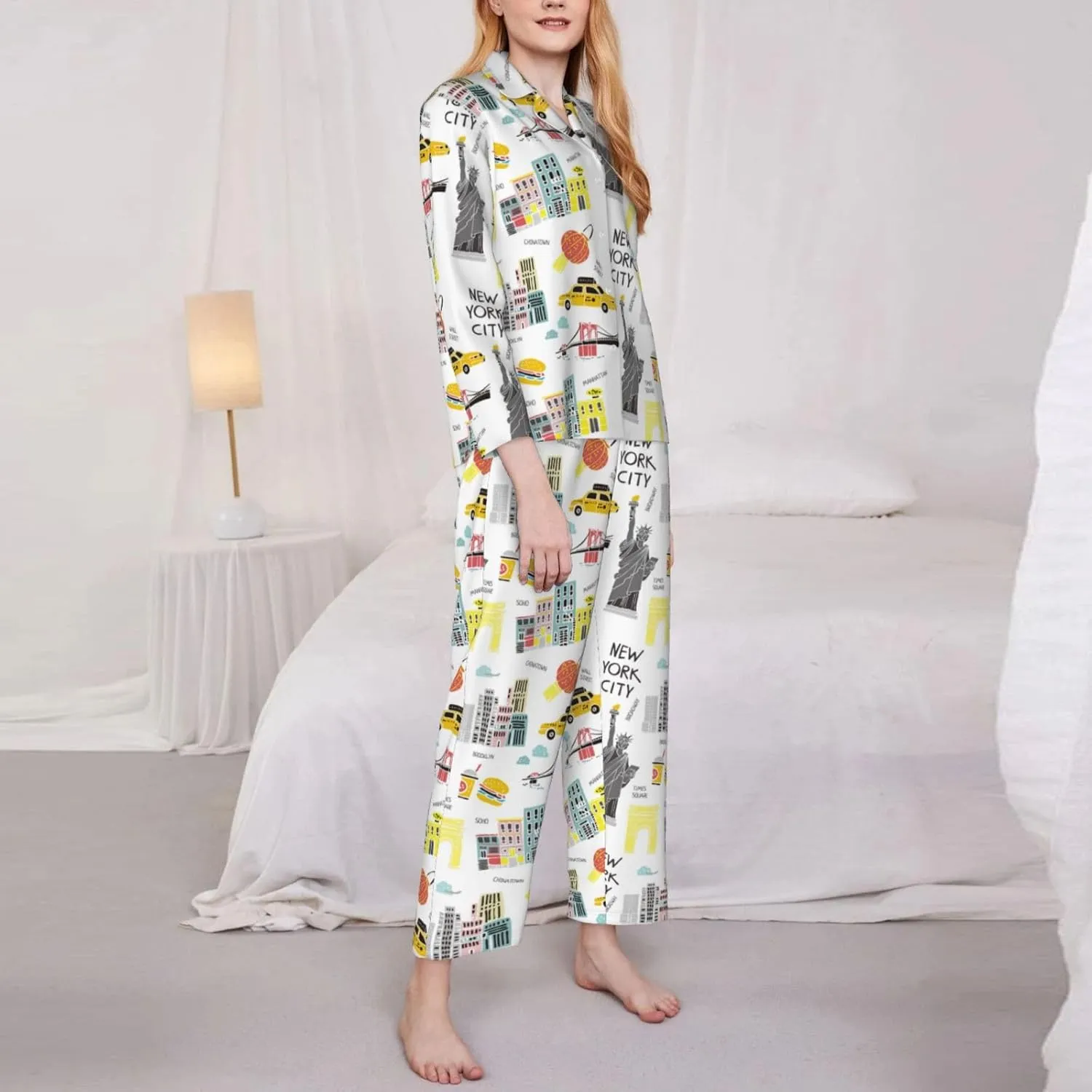 New York Pattern Womens Pajamas Set Button Down 2 Piece Pjs Long Sleeve Sleepwear