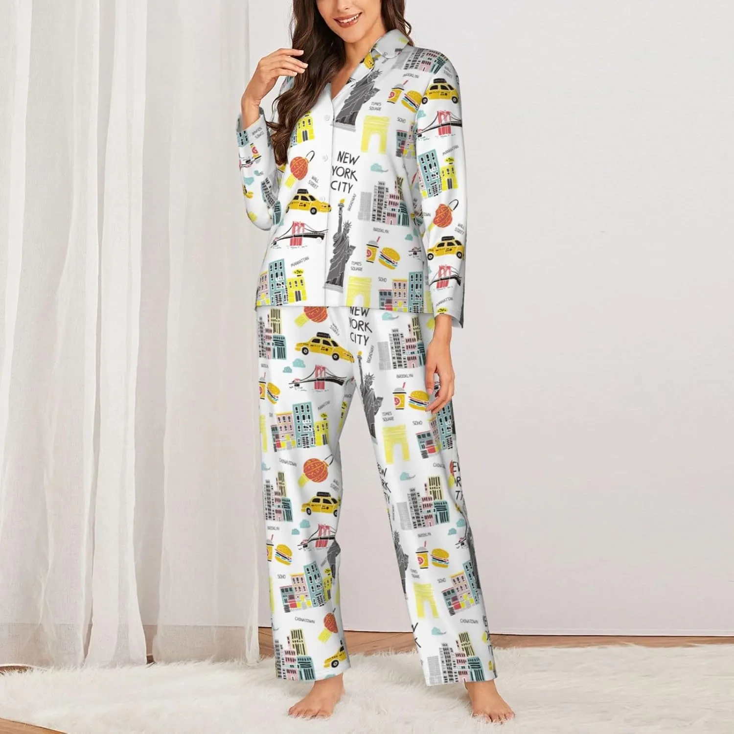 New York Pattern Womens Pajamas Set Button Down 2 Piece Pjs Long Sleeve Sleepwear