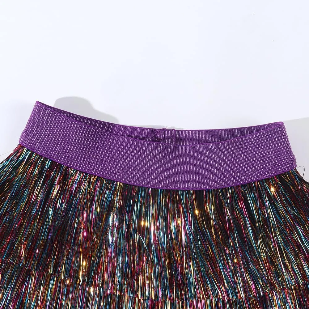 Noomelfish Girls Tinsel Fringe Skirt Sparkly Tassel Metallic Party Skirt(5-12 Years)