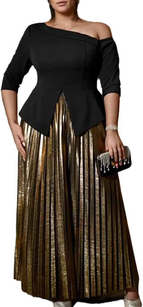 ONTINVA Women 2 Piece Outfits 3/4 Long Sleeve Asymmetric Slit Hem Tops Luxury Metallic Midi Pleated A-line Skirt Sets