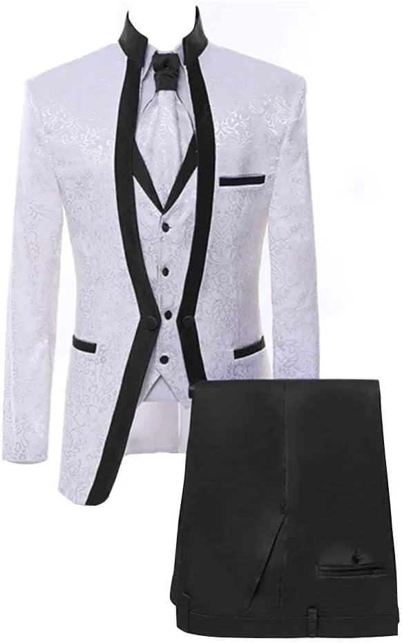 Paisley Slim Fit White Premium Floral Tuxedo Prom Wedding Groom 3 Pieces Suits