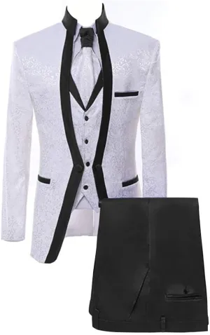 Paisley Slim Fit White Premium Floral Tuxedo Prom Wedding Groom 3 Pieces Suits