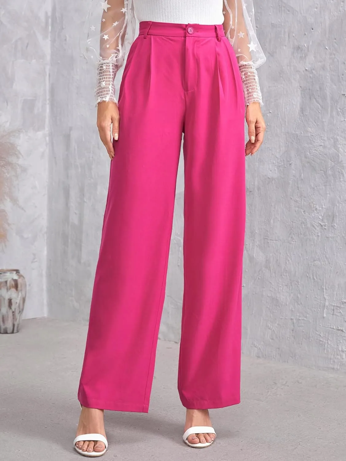 Pants for Women - Solid Zip Up Straight Leg Pants (Color : Hot Pink, Size : Medium)