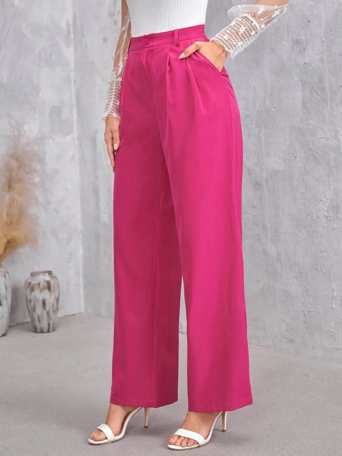 Pants for Women - Solid Zip Up Straight Leg Pants (Color : Hot Pink, Size : Medium)