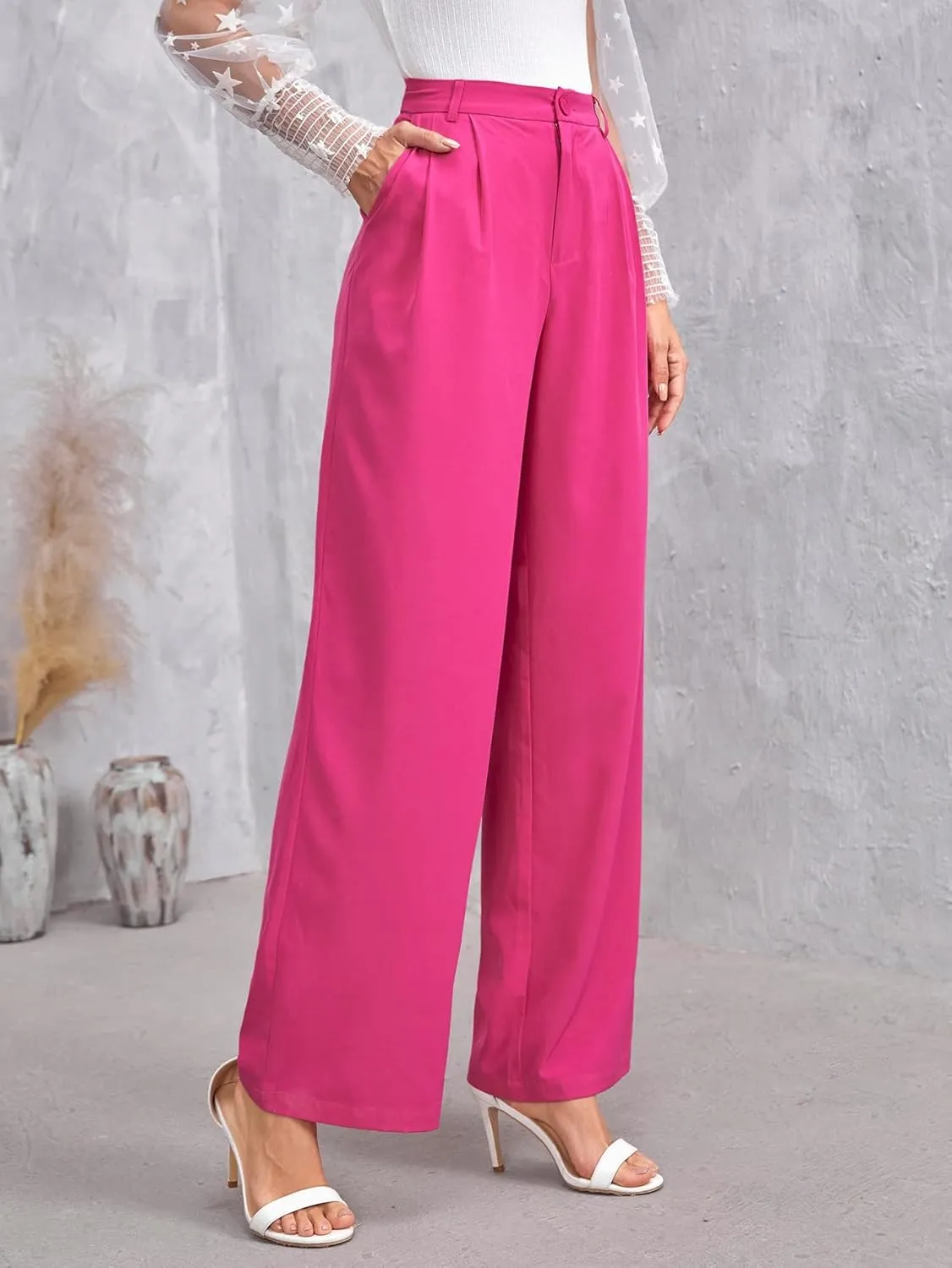 Pants for Women - Solid Zip Up Straight Leg Pants (Color : Hot Pink, Size : Medium)