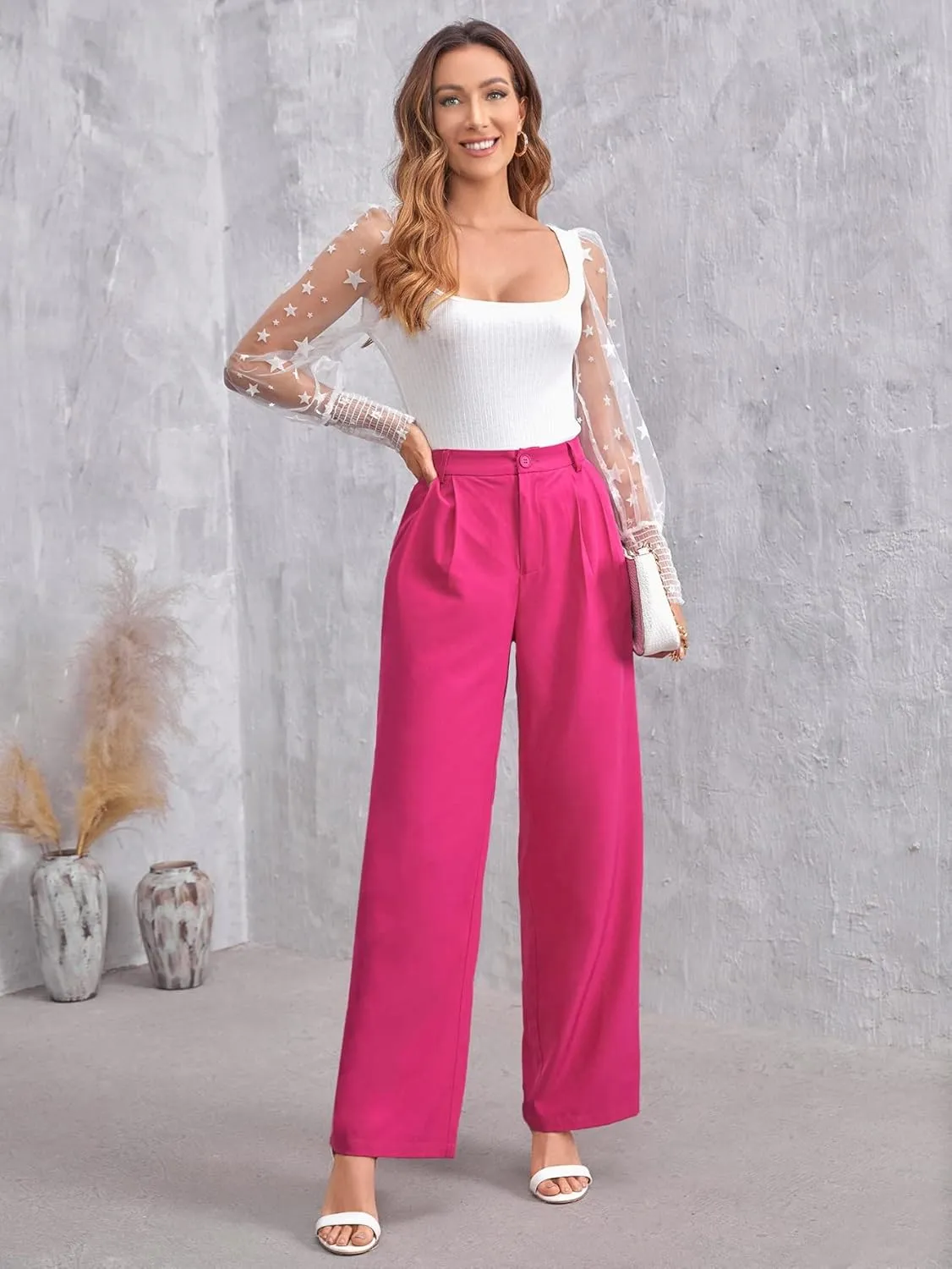 Pants for Women - Solid Zip Up Straight Leg Pants (Color : Hot Pink, Size : Medium)