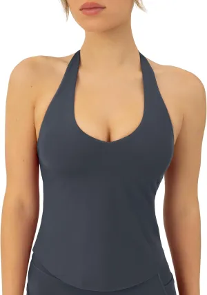 PAVOI ACTIVE Workout Halter Tops for Women Built in Bra - Low Support V Neck Backless Sports Tank Top Shelf Bra - HiPerform