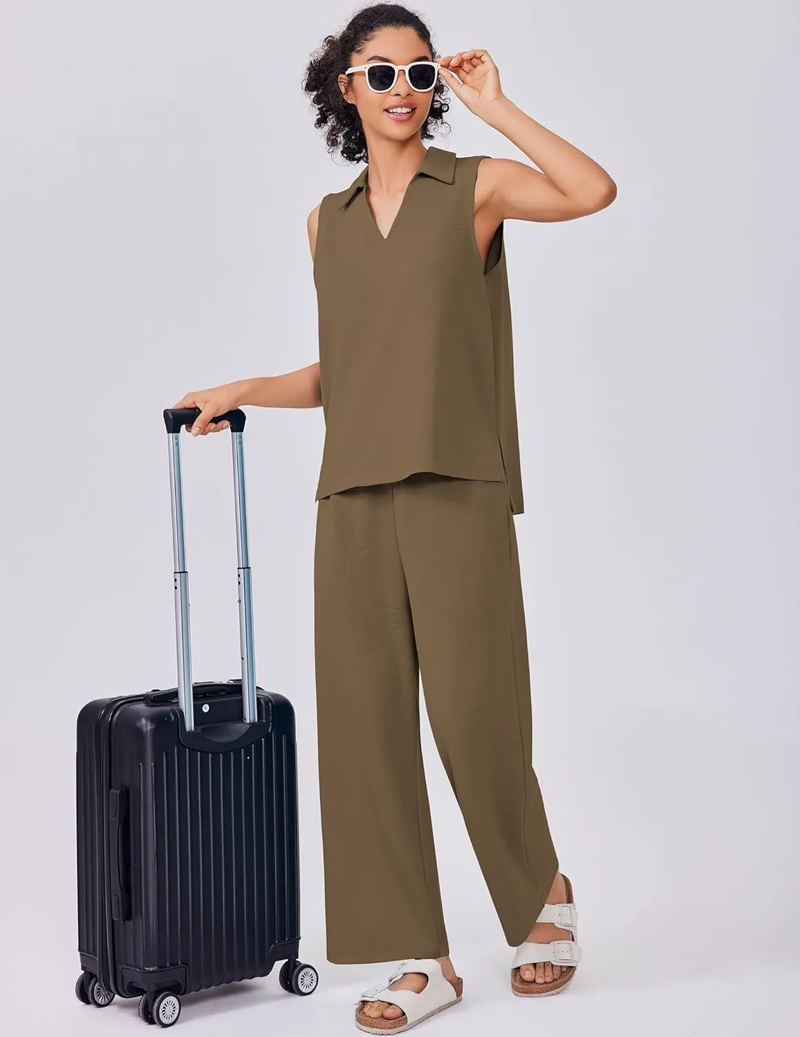 PINSPARK Two Piece Sets for Women Sleeveless Outfits Travel Tracksuit V Neck Top Wide Leg Pant Lounge Sets 2025 Summer