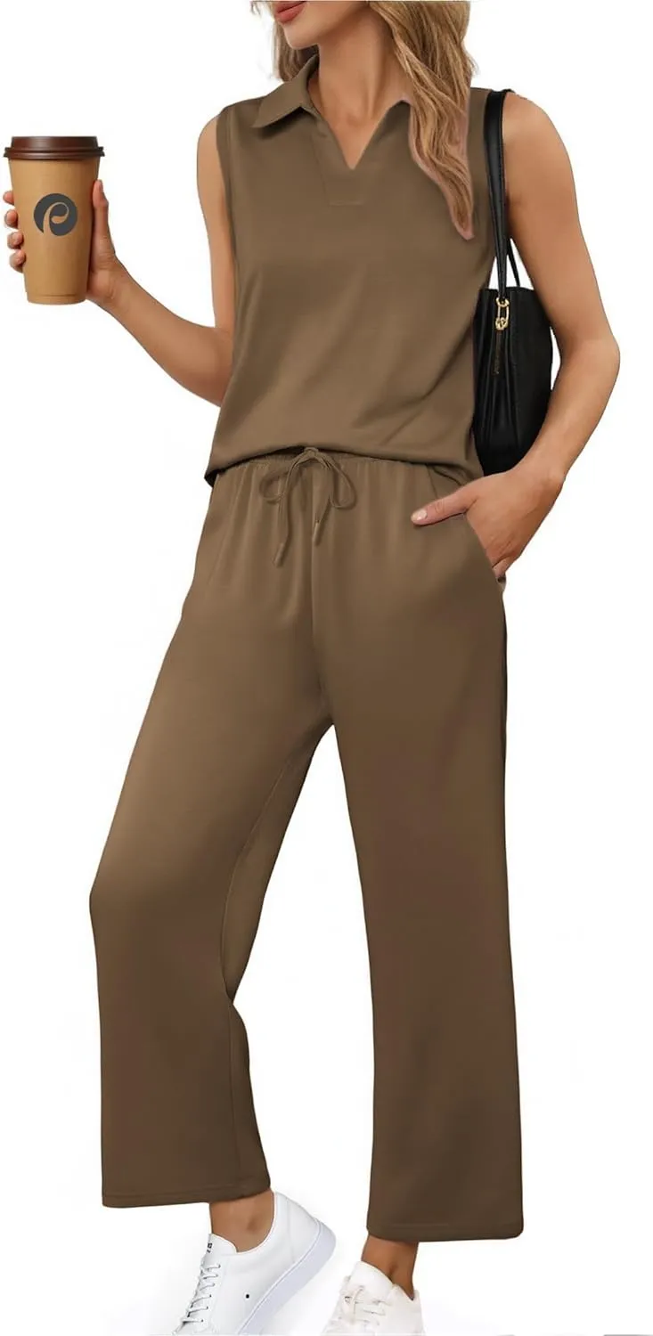 PINSPARK Two Piece Sets for Women Sleeveless Outfits Travel Tracksuit V Neck Top Wide Leg Pant Lounge Sets 2025 Summer