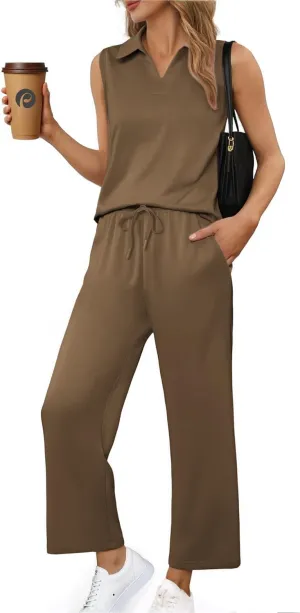 PINSPARK Two Piece Sets for Women Sleeveless Outfits Travel Tracksuit V Neck Top Wide Leg Pant Lounge Sets 2025 Summer