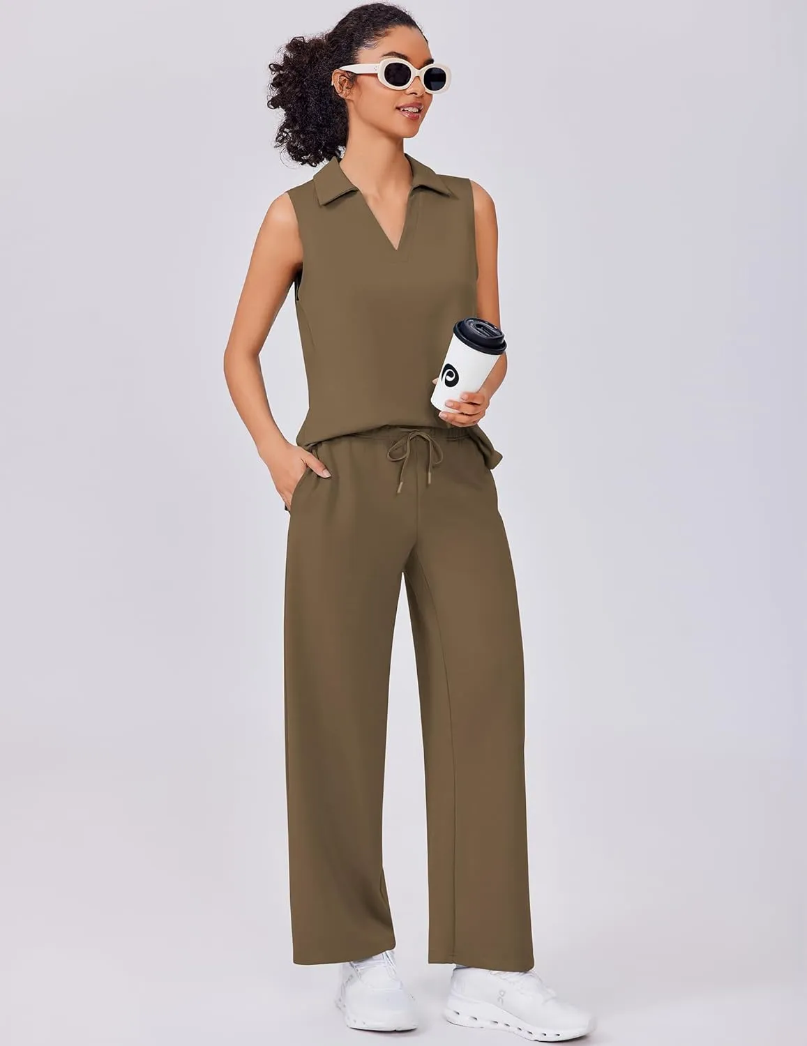 PINSPARK Two Piece Sets for Women Sleeveless Outfits Travel Tracksuit V Neck Top Wide Leg Pant Lounge Sets 2025 Summer