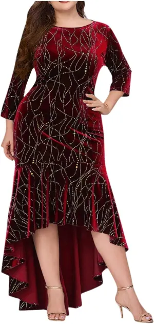 Plus Size Dresses for Curvy Women,2025 Elegant 3/4 Sleeve Velvet Formal Dress Flowy Mermaid High Low Hem Maxi Dress