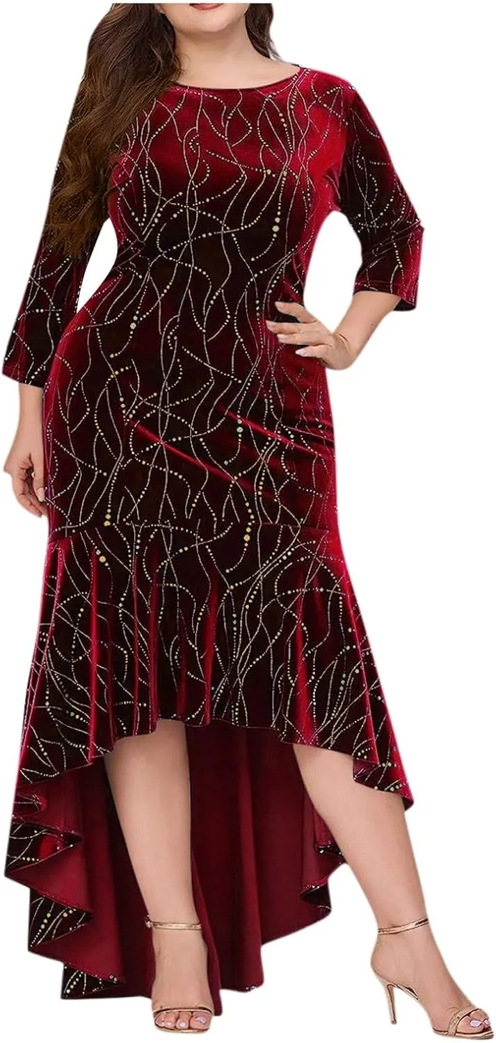 Plus Size Dresses for Curvy Women,2025 Elegant 3/4 Sleeve Velvet Formal Dress Flowy Mermaid High Low Hem Maxi Dress