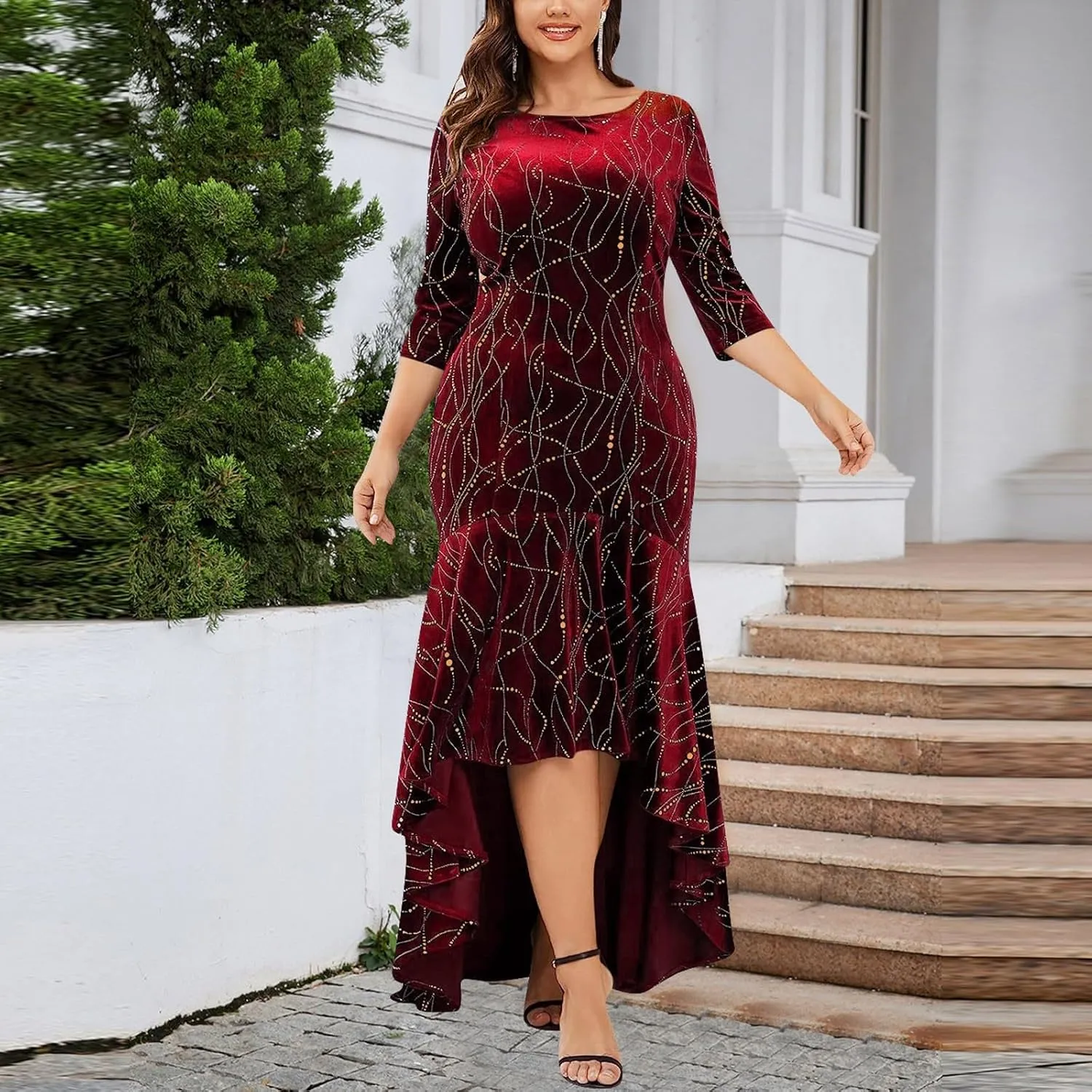 Plus Size Dresses for Curvy Women,2025 Elegant 3/4 Sleeve Velvet Formal Dress Flowy Mermaid High Low Hem Maxi Dress