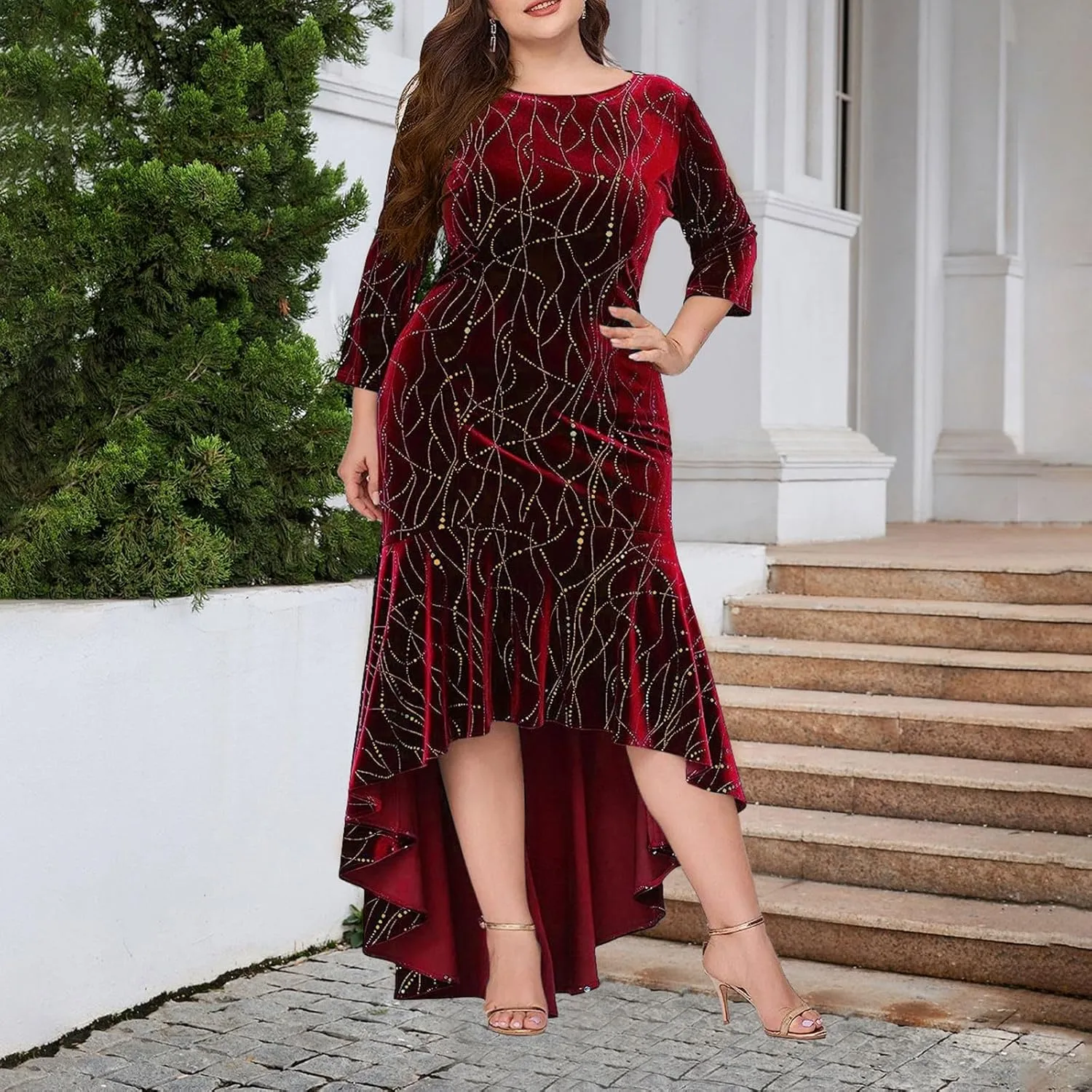 Plus Size Dresses for Curvy Women,2025 Elegant 3/4 Sleeve Velvet Formal Dress Flowy Mermaid High Low Hem Maxi Dress