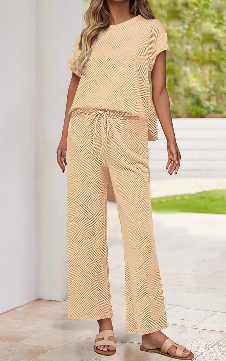 PRETTYGARDEN 2 Piece Outfits For Women Casual Tracksuit Short Sleeve Tops And Wide Leg Long Pants Matching Lounge Sets