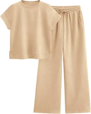 PRETTYGARDEN 2 Piece Outfits For Women Casual Tracksuit Short Sleeve Tops And Wide Leg Long Pants Matching Lounge Sets