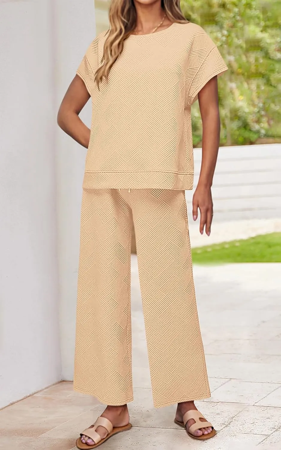 PRETTYGARDEN 2 Piece Outfits For Women Casual Tracksuit Short Sleeve Tops And Wide Leg Long Pants Matching Lounge Sets