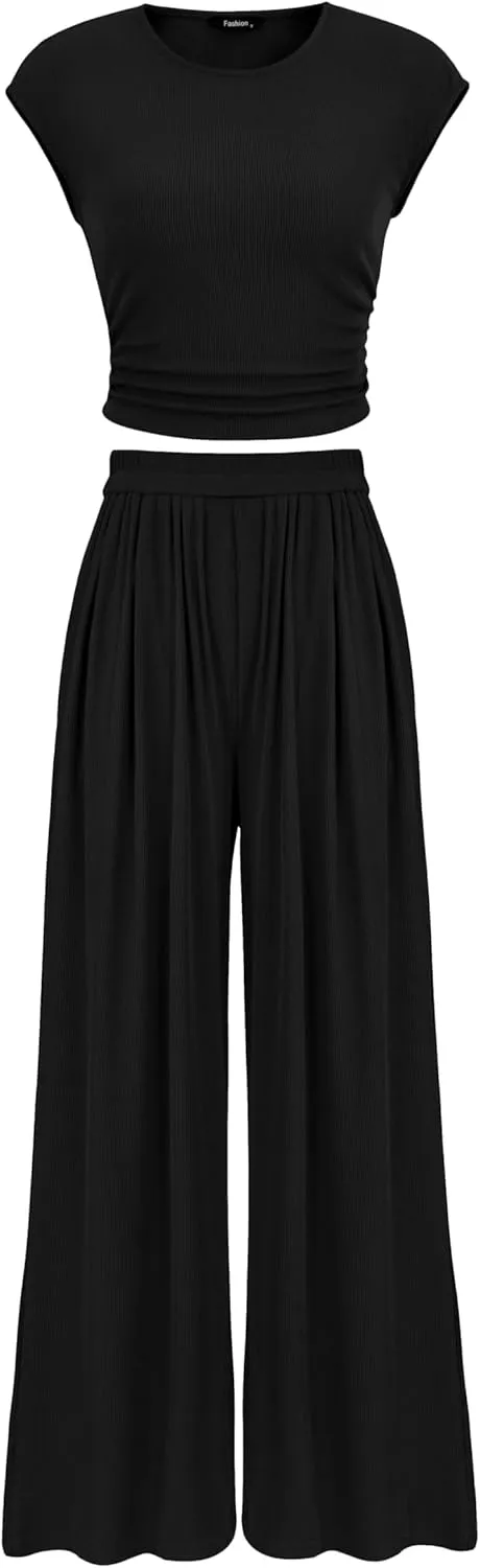 PRETTYGARDEN Women's Summer 2 Piece Outfits 2025 Cap Sleeve Ruched Slim T Shirt Ribbed Knit Wide Leg Pant Sets Tracksuit