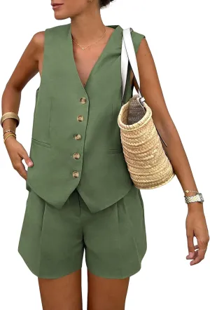 PRETTYGARDEN Women's Summer 2 Piece Outfits Sleeveless Matching Sets Button Down V Neck Vest Waistcoat and Pockets Shorts