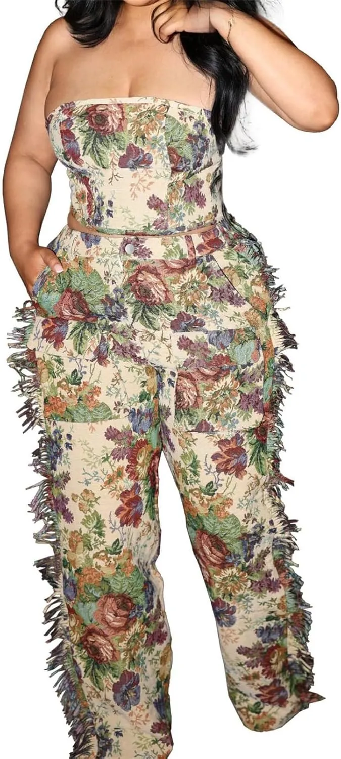 Qikaka Women's 2 PCS Printed Lace Up Tube Tops Bodycon Tassel Pockets Pants Sexy Nightclub Party Tracksuit Outfits Set