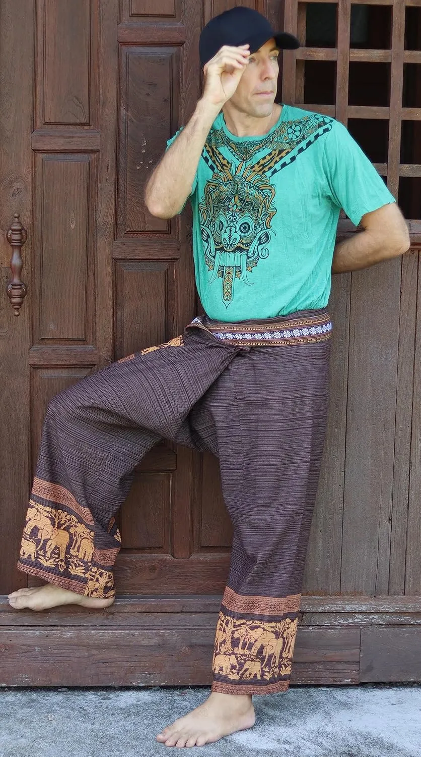 RaanPahMuang Striped Cotton Thai Fisherman Wrap Pants Thai Stamped Art Print