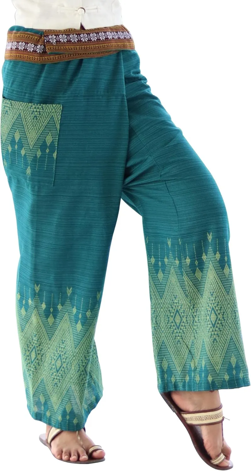 RaanPahMuang Striped Cotton Thai Fisherman Wrap Pants Thai Stamped Art Print