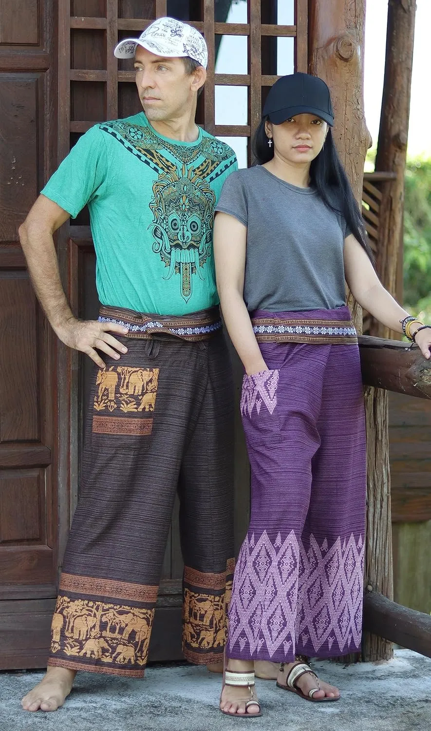 RaanPahMuang Striped Cotton Thai Fisherman Wrap Pants Thai Stamped Art Print