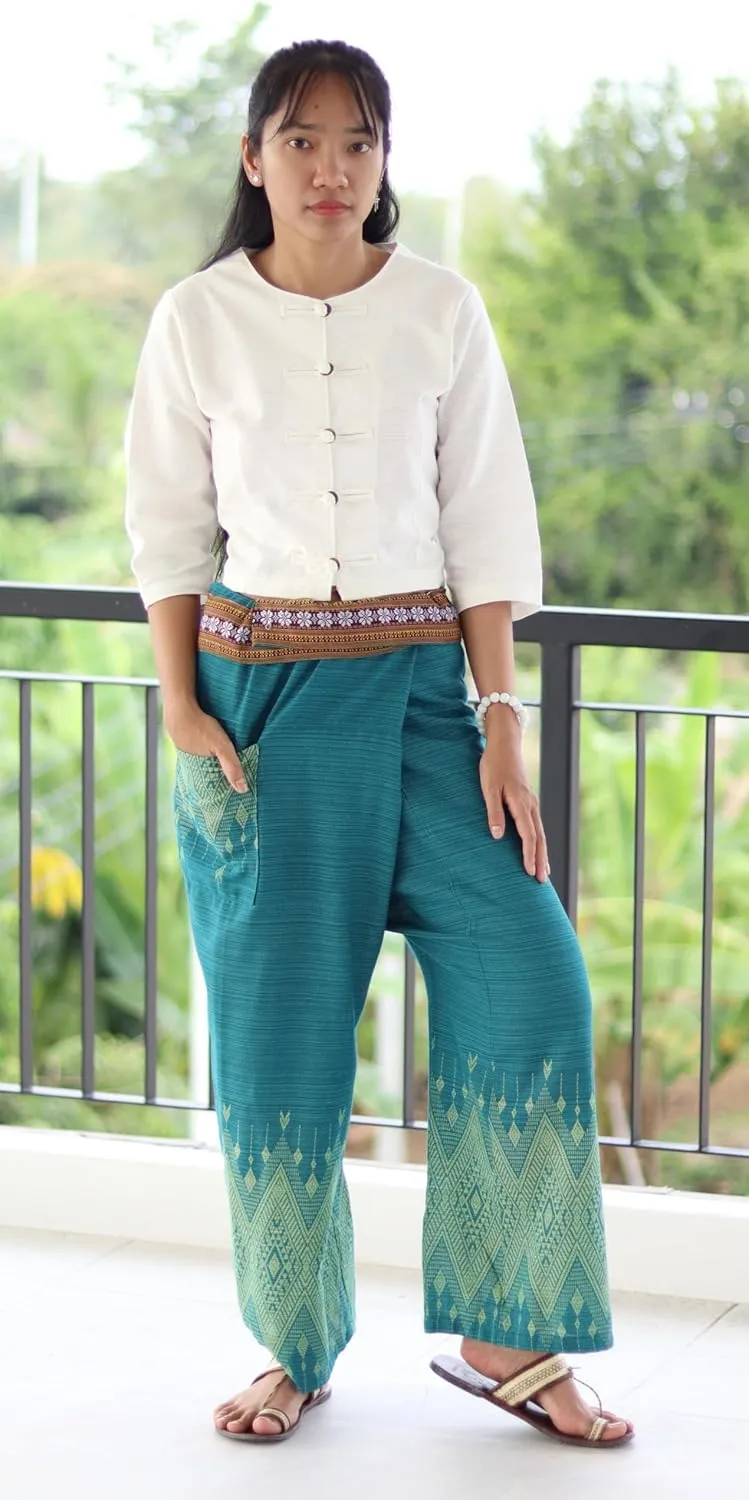 RaanPahMuang Striped Cotton Thai Fisherman Wrap Pants Thai Stamped Art Print