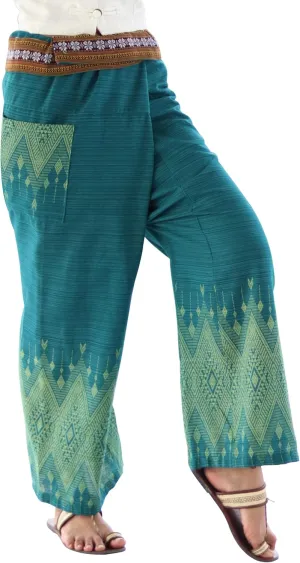 RaanPahMuang Striped Cotton Thai Fisherman Wrap Pants Thai Stamped Art Print