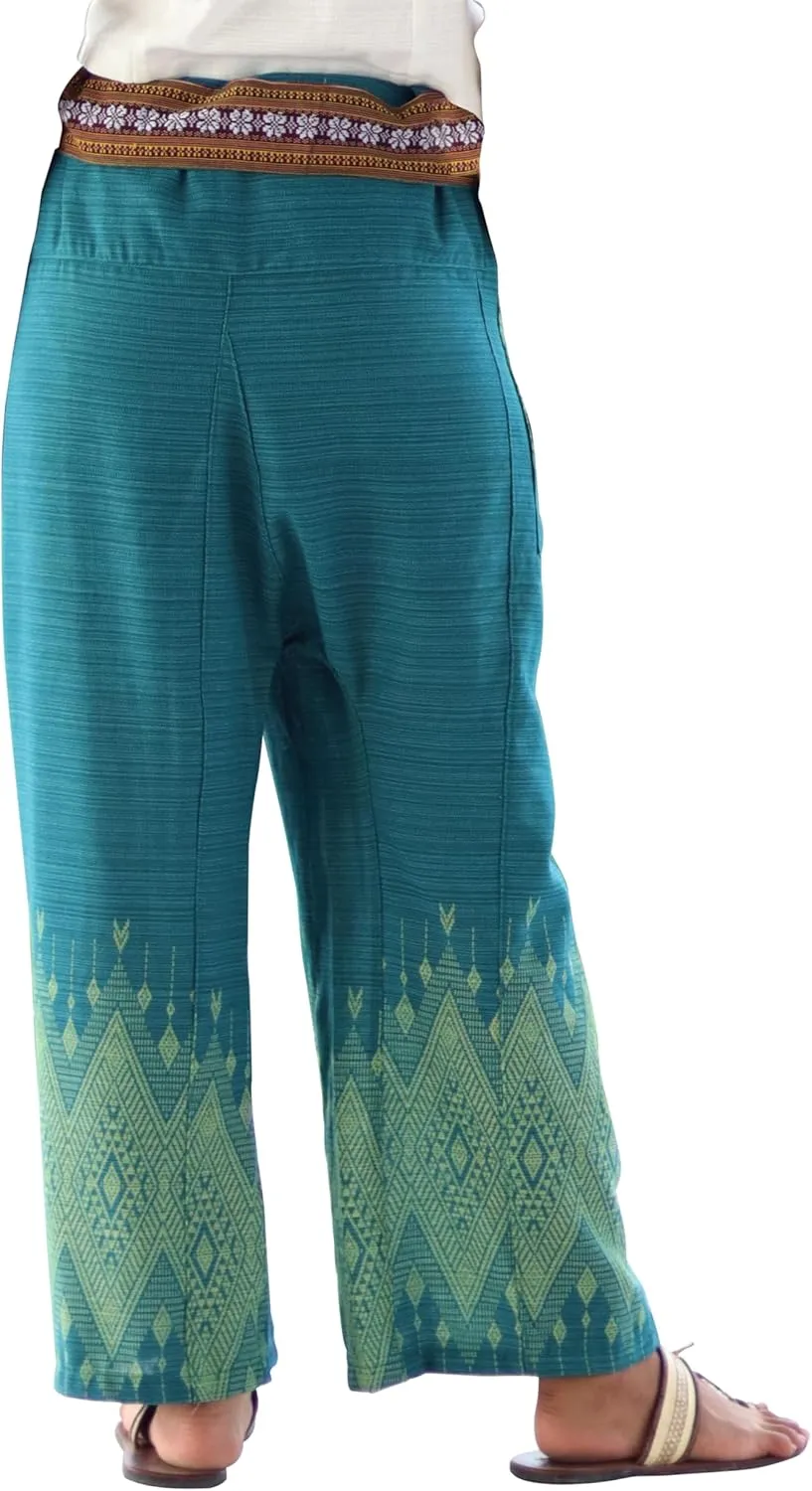 RaanPahMuang Striped Cotton Thai Fisherman Wrap Pants Thai Stamped Art Print