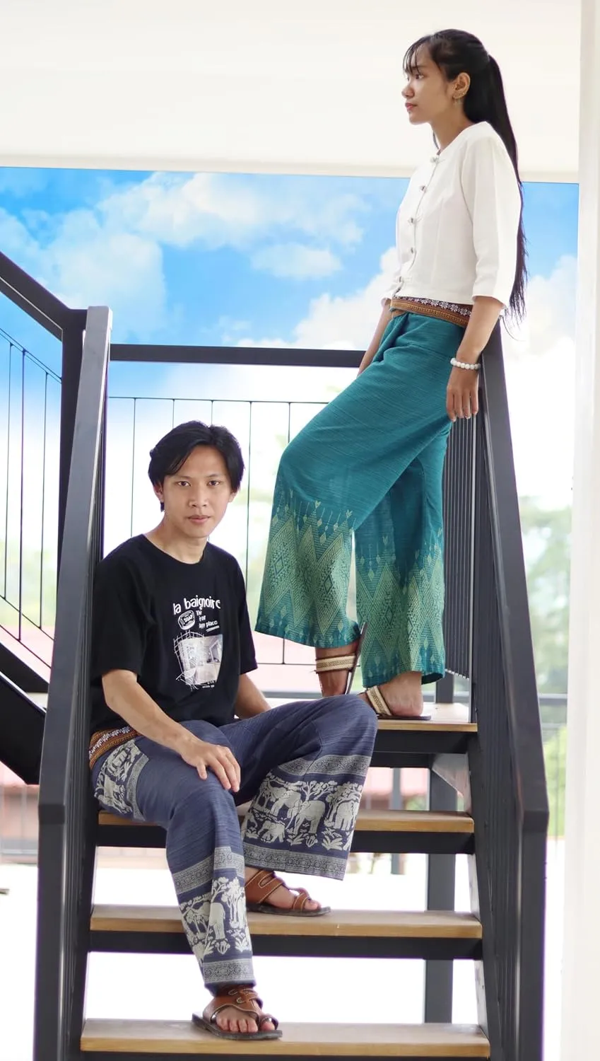 RaanPahMuang Striped Cotton Thai Fisherman Wrap Pants Thai Stamped Art Print