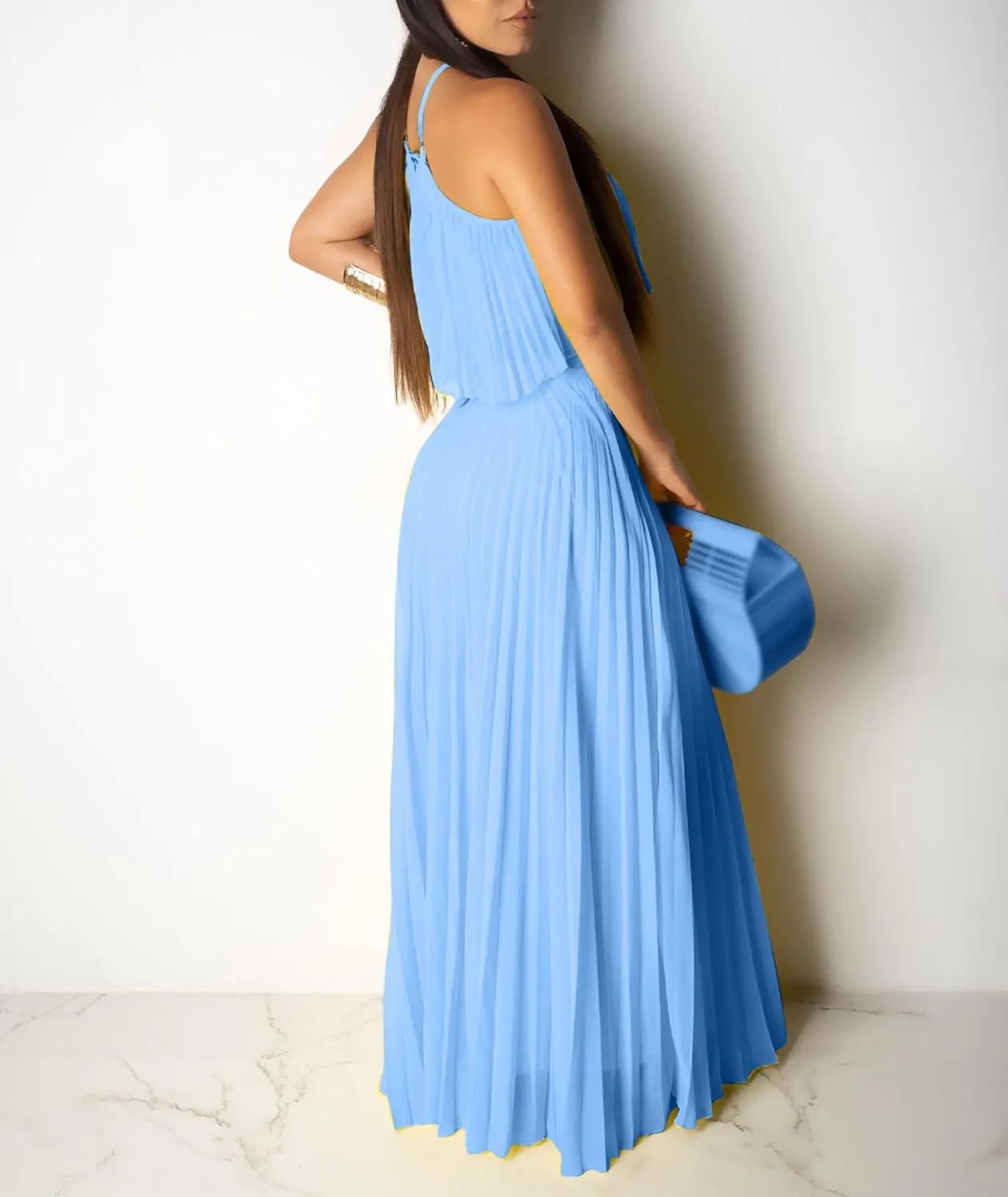 Raboolion Women's Halter Neck Sleevless Chiffon Maxi Dress Ruffle Crop Top and Flowy Pleated Skirts Sets Party Beach Sundress