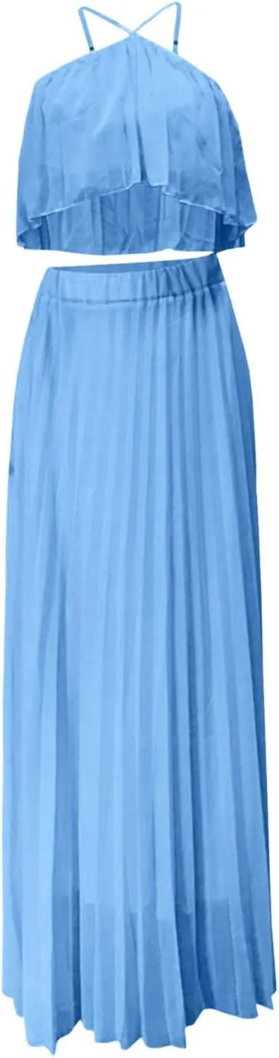 Raboolion Women's Halter Neck Sleevless Chiffon Maxi Dress Ruffle Crop Top and Flowy Pleated Skirts Sets Party Beach Sundress